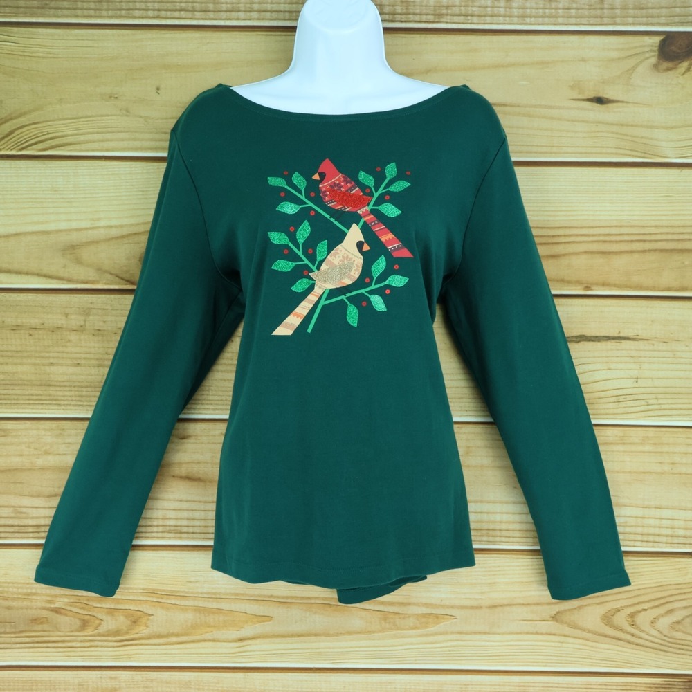 Croft & Barrow The Classic T-Shirt Womens M Green Cardinals Sparkles 100% Cotton
